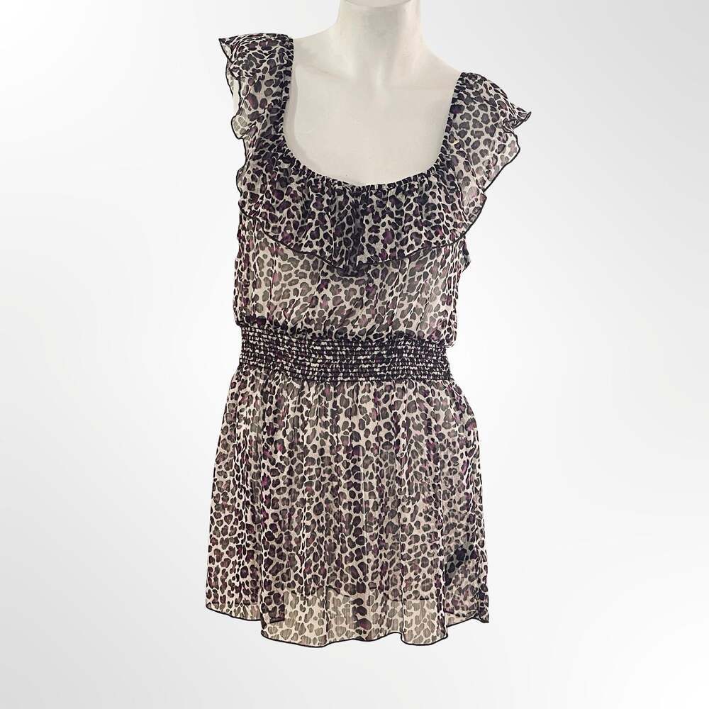 Twenty One Purple and Brown Leopard Print Flutter Sleeve Chiffon Mini Dress